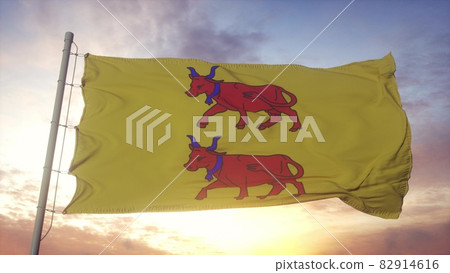 Bearn flag, France, waving in the wind, sky and sun background. 3d rendering 82914616