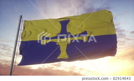 County Durham flag, England, waving in the wind, sky and sun background. 3d rendering 82914643