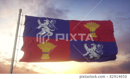 Gascogne flag, France, waving in the wind, sky and sun background. 3d rendering 82914650