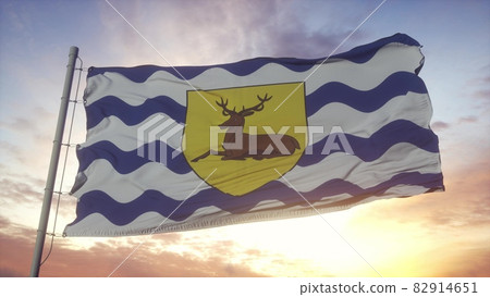 Hertfordshire flag, England, waving in the wind, sky and sun background. 3d rendering Hertfordshire flag, England, waving in the wind, sky and sun background. 3d rendering 82914651