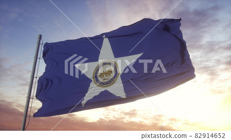 Houston Texas city flag waving in the wind, sky and sun background. 3d rendering 82914652