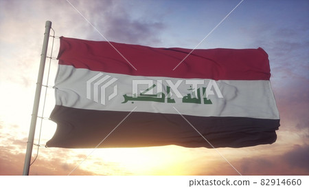 Flag of The Iraq waving in the wind, sky and sun background. 3d rendering Flag of The Iraq waving in the wind, sky and sun background. 3d rendering 82914660