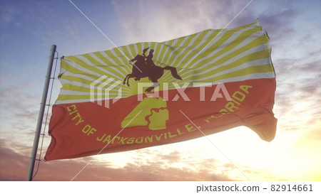 Jacksonville city flag waving in the wind, sky and sun background. 3d rendering Jacksonville city flag waving in the wind, sky and sun background. 3d rendering 82914661
