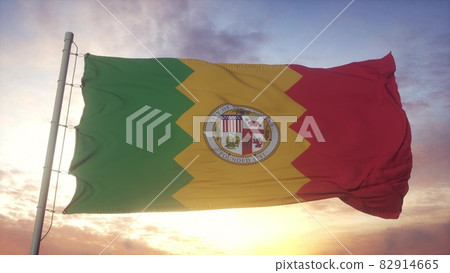 Los Angeles city flag, California, waving in the wind, sky and sun background. 3d rendering 82914665