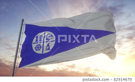 Minneapolis city flag, United States, waving in the wind, sky and sun background. 3d rendering 82914670