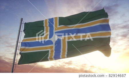 Portland city flag, city of USA waving in the wind, sky and sun background. 3d rendering Portland city flag, city of USA waving in the wind, sky and sun background. 3d rendering 82914687