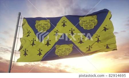 Shropshire flag, England, waving in the wind, sky and sun background. 3d rendering 82914695