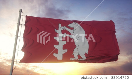 Warwickshire flag, England, waving in the wind, sky and sun background. 3d rendering 82914730
