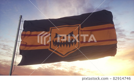 Halloween flag waving in the wind, sky and sun background. 3d rendering Halloween flag waving in the wind, sky and sun background. 3d rendering 82914746