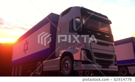 Cargo trucks with Israel flag. Trucks from Israel loading or unloading at warehouse dock. 3d rendering Cargo trucks with Israel flag. Trucks from Israel loading or unloading at warehouse dock. 3d rendering 82914776