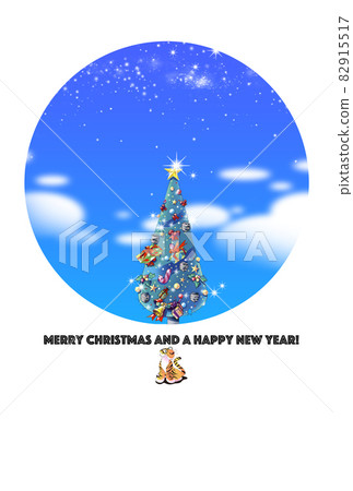 Christmas card, blue sky and Christmas tree and new year tiger Christmas card, blue sky and Christmas tree and new year tiger 82915517