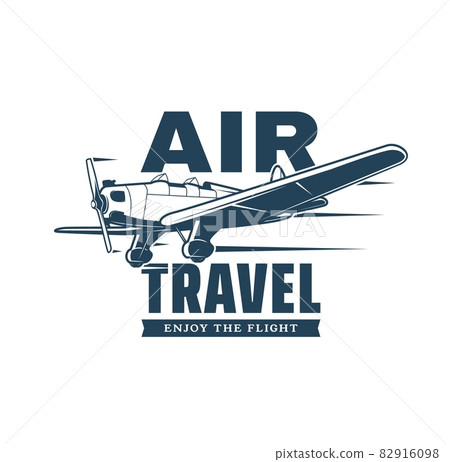 Air travel vector icon. Retro plane or biplane with propeller, wings and wheels flying in sky. Airline flights, tourism and aviation tours isolated blue symbol with retro fixed wings aircraft 82916098