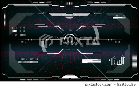 Target aim control HUD futuristic display monitor screen interface. Future spaceship or Sci-Fi military plane pilot rectangular dashboard, vector screen panel and game UI with gauges and aim circle 82916189