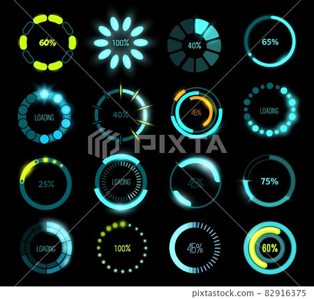 HUD futuristic loading bars, game or program UI interface. Vector circular progress bars with glowing loading scales and percentage indicators, future loading technology bars of head up display 82916375