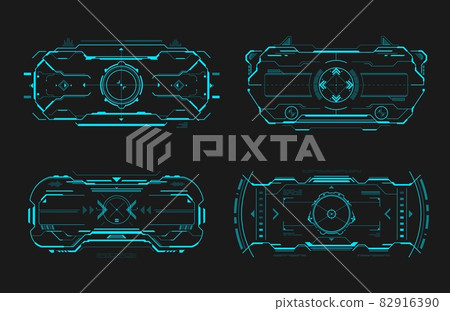 HUD aim control frame interface, futuristic target screen dashboard panel, vector. HUD target controls and aim radars or crosshair on digital screen, game UI and spaceship dashboard HUD aim control frame interface, futuristic target screen dashboard panel, vector. HUD target controls and aim radars or crosshair on digital screen, game UI and spaceship dashboard 82916390