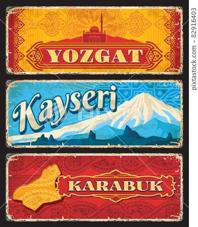 Yozgat, Kayseri and Karabuk il or provinces of Turkey vintage plates. Vector map, Capanoglu Camii mosque and Mount Erciyes grunge stickers and old signs with arabesque patterns, Turkish travel design 82916403