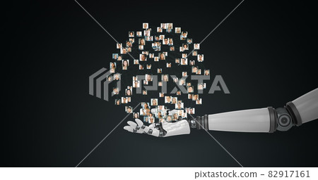 Robotic hand presenting polygon structure with profile picture against black background Robotic hand presenting polygon structure with profile picture against black background 82917161