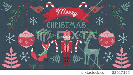 Image of Merry Christmas words with animals on Christmas decorations background Image of Merry Christmas words with animals on Christmas decorations background 82917333