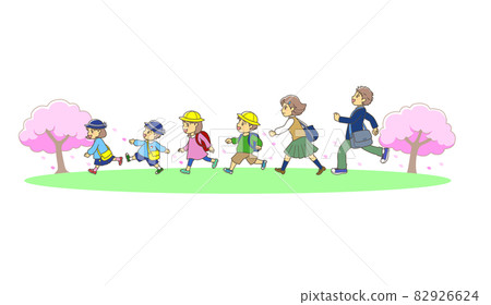 Walking children and cherry blossoms Walking children and cherry blossoms 82926624