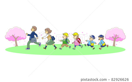 Walking children and cherry blossoms Walking children and cherry blossoms 82926626