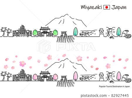 Simple line drawing set of sightseeing spots in Miyazaki prefecture in spring 82927445