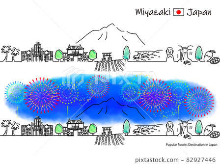 宮崎縣觀光景點煙花和街景的簡單線條畫集 82927446
