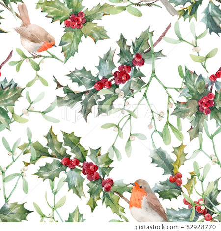 Beautiful floral christmas seamless pattern with hand drawn watercolor holly branches. Stock 2022 winter illustration. Beautiful floral christmas seamless pattern with hand drawn watercolor holly branches. Stock 2022 winter illustration. 82928770
