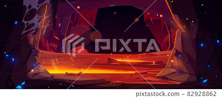 Dark cave in mountain with hot lava 82928862