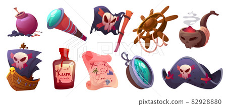 Pirate icons with ship, captain hat and flag 82928880
