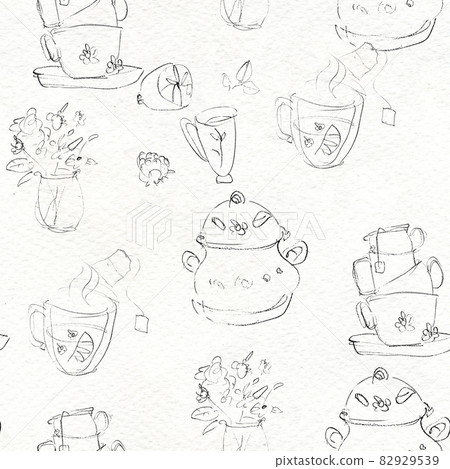 Seamless black and white pattern. Tea drinking... - Stock Illustration ...