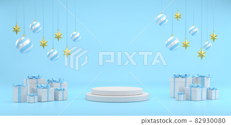 Blue Christmas ball and golden stars at Christmas festival on a white background. podium 82930080