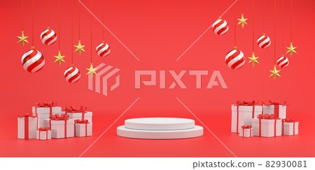 red Christmas ball and golden stars at Christmas festival on a white background. podium. 82930081
