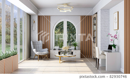 Stylish home office with blurred garden in... - Stock Illustration  [82930746] - PIXTA