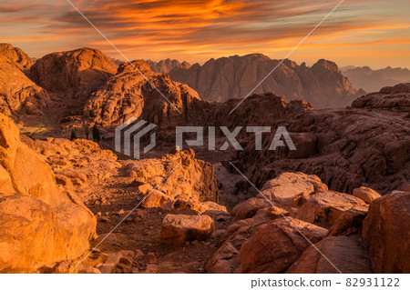 View from Mount Sinai at sunrise. Beautiful mountain landscape in Egypt. View from Mount Sinai at sunrise. Beautiful mountain landscape in Egypt. 82931122