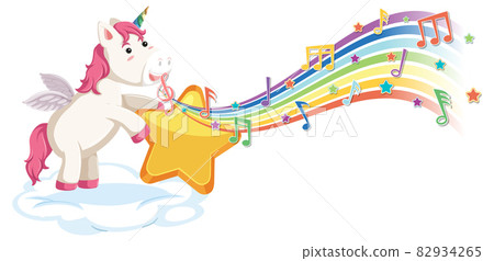 Cute unicorn holding star with melody symbols on rainbow Cute unicorn holding star with melody symbols on rainbow 82934265