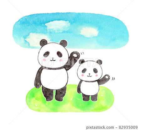 Parent and child of panda waving (blue sky in the background) Parent and child of panda waving (blue sky in the background) 82935009