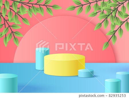 Abstract Minimal Scene with Yellow Podium Platform Stage Product and Leaves for Promotion, Marketing and Advertising. Vector illustration 82935253