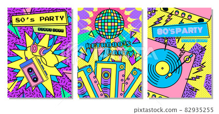 Color 80s Years Disco Style Concept Banner Poster Card Set. Vector illustration of Flyer Template Retro Party 82935255