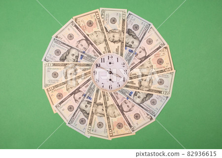 Concept of clock and dollar. Clock on mandala kaleidoscope from money. Abstract money background raster pattern repeat mandala circle. Concept of clock and dollar. Clock on mandala kaleidoscope from money. Abstract money background raster pattern repeat mandala circle. 82936615