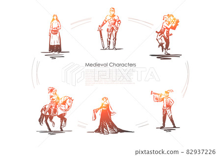 Medieval characters - knight, troubadour, buffon, peasant woman and countess vector concept set 82937226