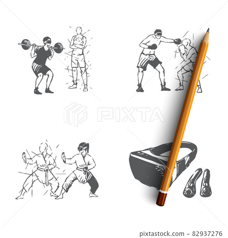 VR sports - home gym, sport games, martial arts, vr equipment vector concept set VR sports - home gym, sport games, martial arts, vr equipment vector concept set 82937276
