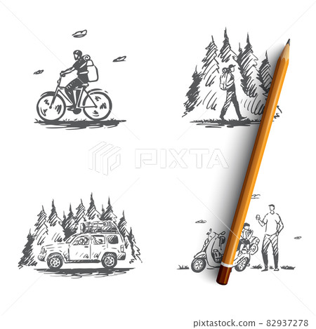 Travel - riding bicycle, hiking in forest, going by bike and car on nature vector concept set 82937278