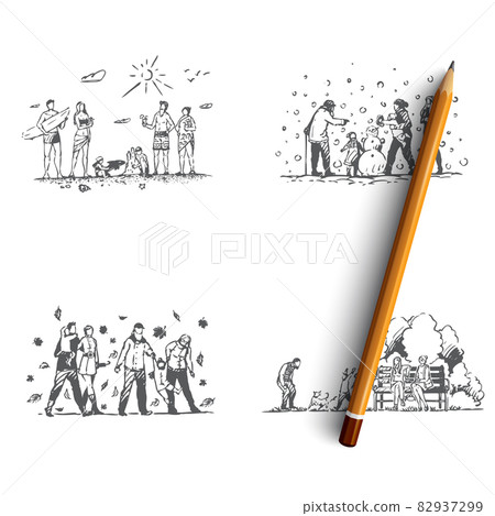 Family - family spending time together outdoors during all seasons of year vector concept set Family - family spending time together outdoors during all seasons of year vector concept set 82937299