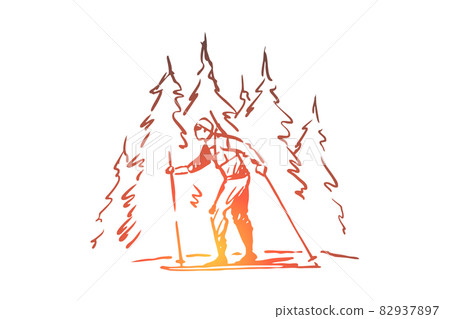 Skiing, winter, forest, sport, extreme concept. Hand drawn isolated vector. Skiing, winter, forest, sport, extreme concept. Hand drawn isolated vector. 82937897