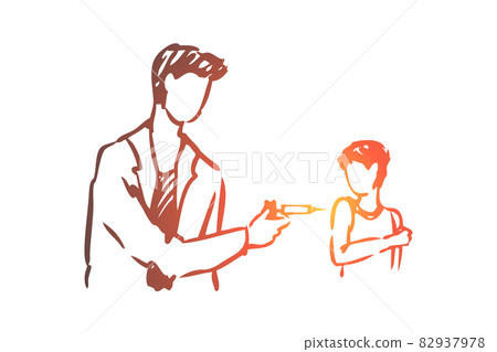 Kid, doctor, vaccine, injection, boy concept. Hand drawn isolated vector. 82937978