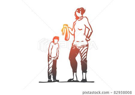 Son, mom, belt, punishment, angry, fear concept. Hand drawn isolated vector. Son, mom, belt, punishment, angry, fear concept. Hand drawn isolated vector. 82938008