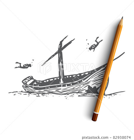Underwater, boat, seabed, ship, diving concept. Hand drawn isolated vector. 82938074