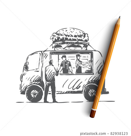 Burger, car, fast food, shop, truck concept. Hand drawn isolated vector. 82938123