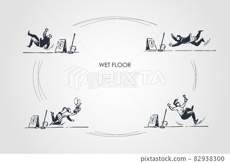 Wet floor - people falling down on wet floor with special sign vector concept set Wet floor - people falling down on wet floor with special sign vector concept set 82938300