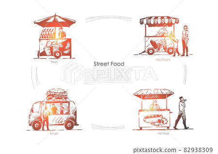 Street food - ice cream, hot dog, burger, fresh food vector concept set Street food - ice cream, hot dog, burger, fresh food vector concept set 82938309